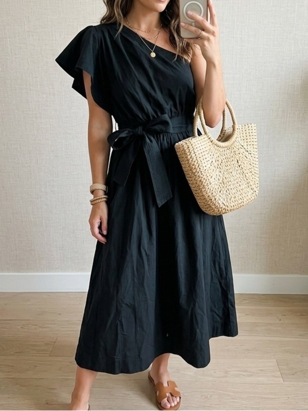 MADEWELL Ruffled One Shoulder Midi Dress Black Cotton NK491